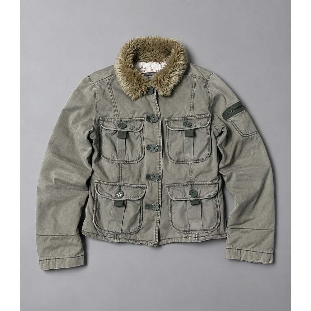 Abercrombie & Fitch Women's L Gray Utility Jacket Faux Fur Collar Military Y2K
